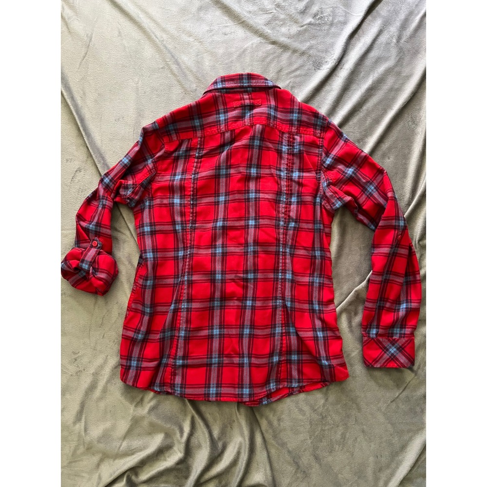 Duluth Trading Co Womens Red‎ Blue Plaid Flannel  Shirt Roll Tab Sleeve M - Picture 8 of 9